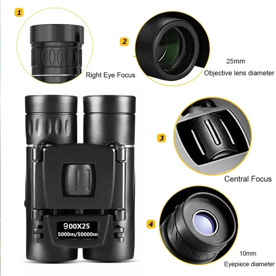 High-Powered 900x25 Mini Binoculars BAK4 Prism Waterproof Outdoor Optics for Travel Bird Watching Sports