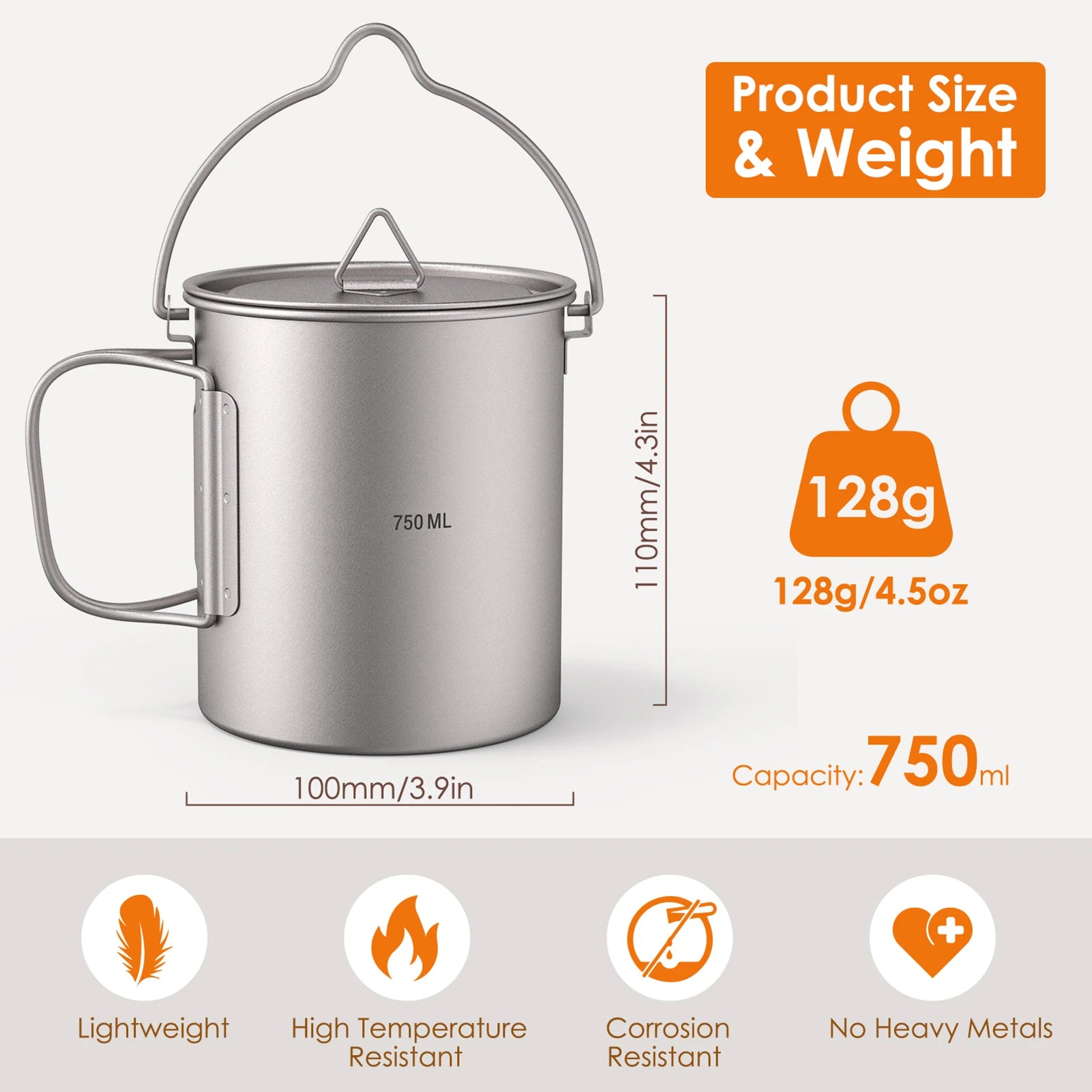 Ultralight 750ml Titanium Pot Portable Titanium Water Mug Cup with Lid and Foldable Handle Outdoor Camping Cooking Picnic