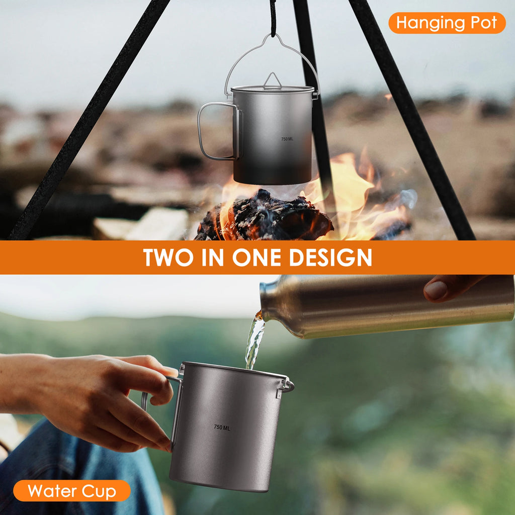 Ultralight 750ml Titanium Pot Portable Titanium Water Mug Cup with Lid and Foldable Handle Outdoor Camping Cooking Picnic