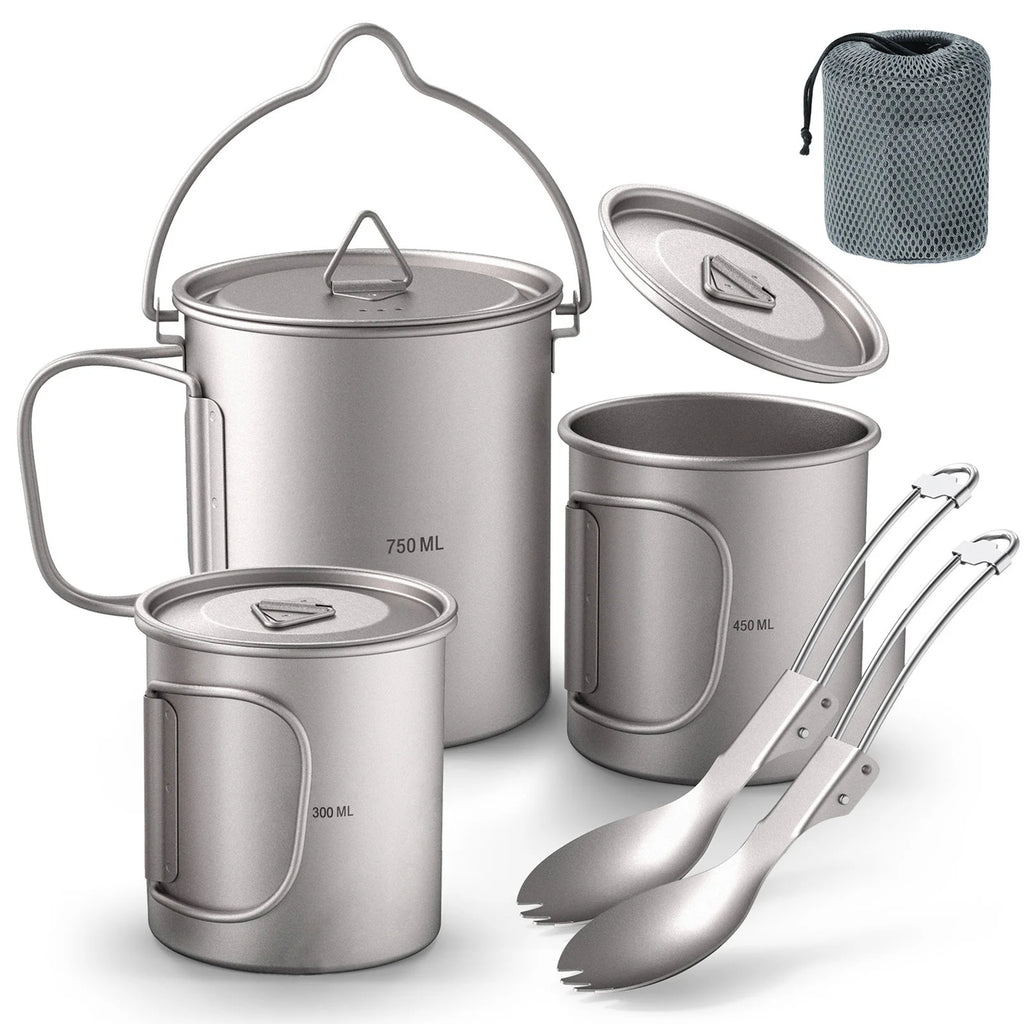 Ultralight 750ml Titanium Pot Portable Titanium Water Mug Cup with Lid and Foldable Handle Outdoor Camping Cooking Picnic