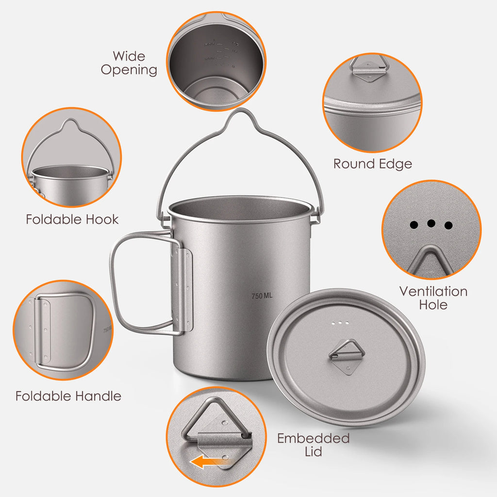 Ultralight 750ml Titanium Pot Portable Titanium Water Mug Cup with Lid and Foldable Handle Outdoor Camping Cooking Picnic
