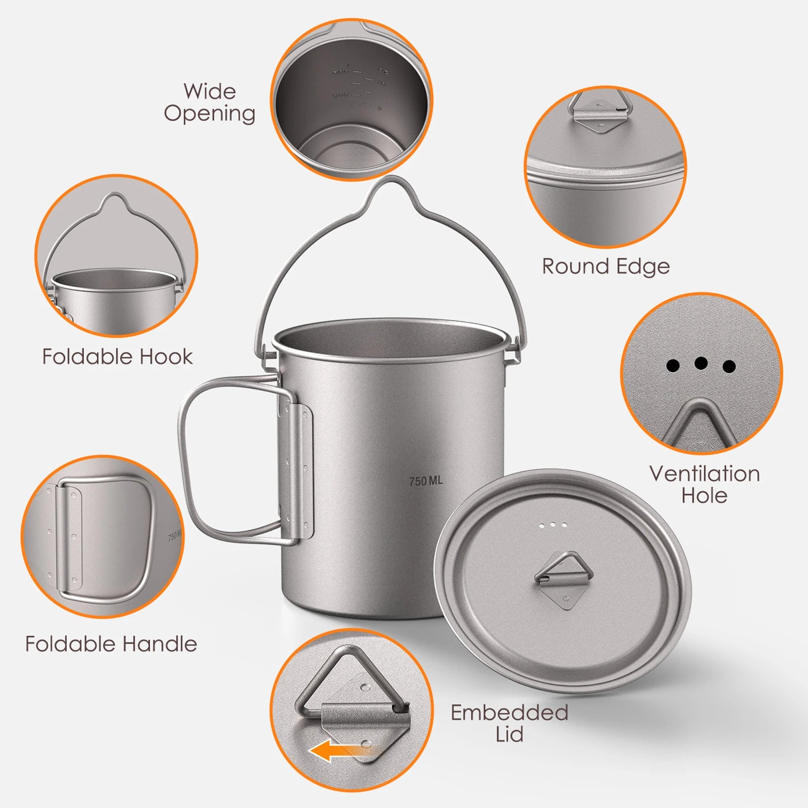 Ultralight 750ml Titanium Pot Portable Titanium Water Mug Cup with Lid and Foldable Handle Outdoor Camping Cooking Picnic